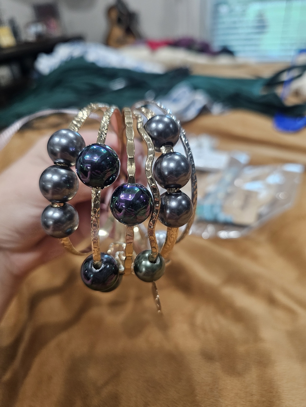 Gold Tone Bangle Bracelet Set with Black Iridescent Beads